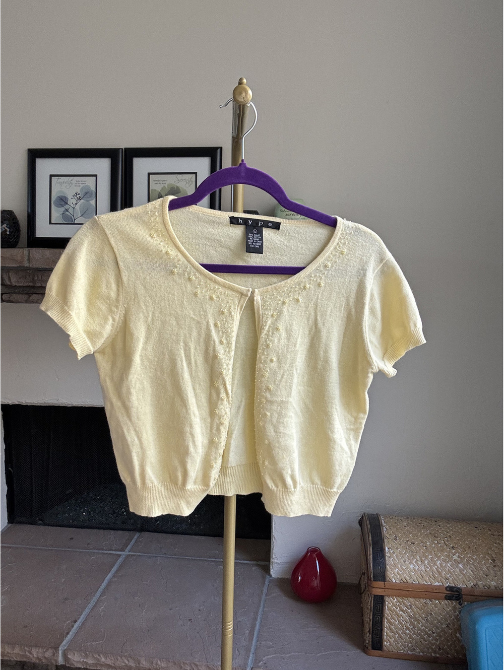 Hype Baby-yellow short-sleeve cardigan with sequin embellishments Size Large